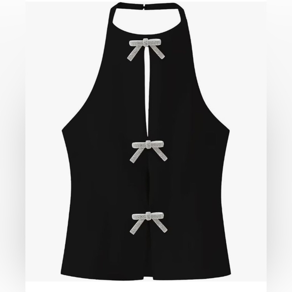Zara Black Halter Top with Sparkly Rhinestone Bow Details - Picture 2 of 5